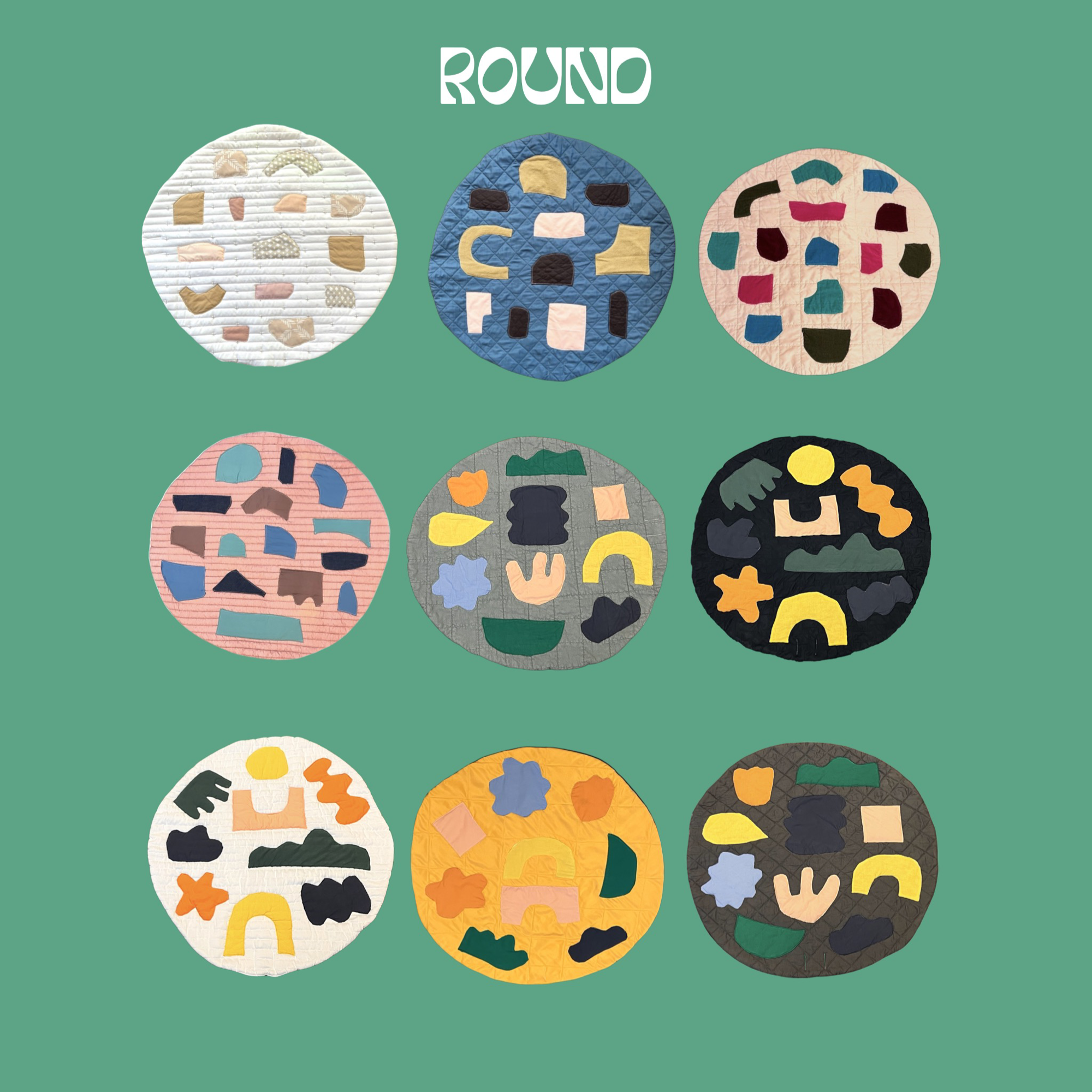Collection of nine different round colorful tummy time mats