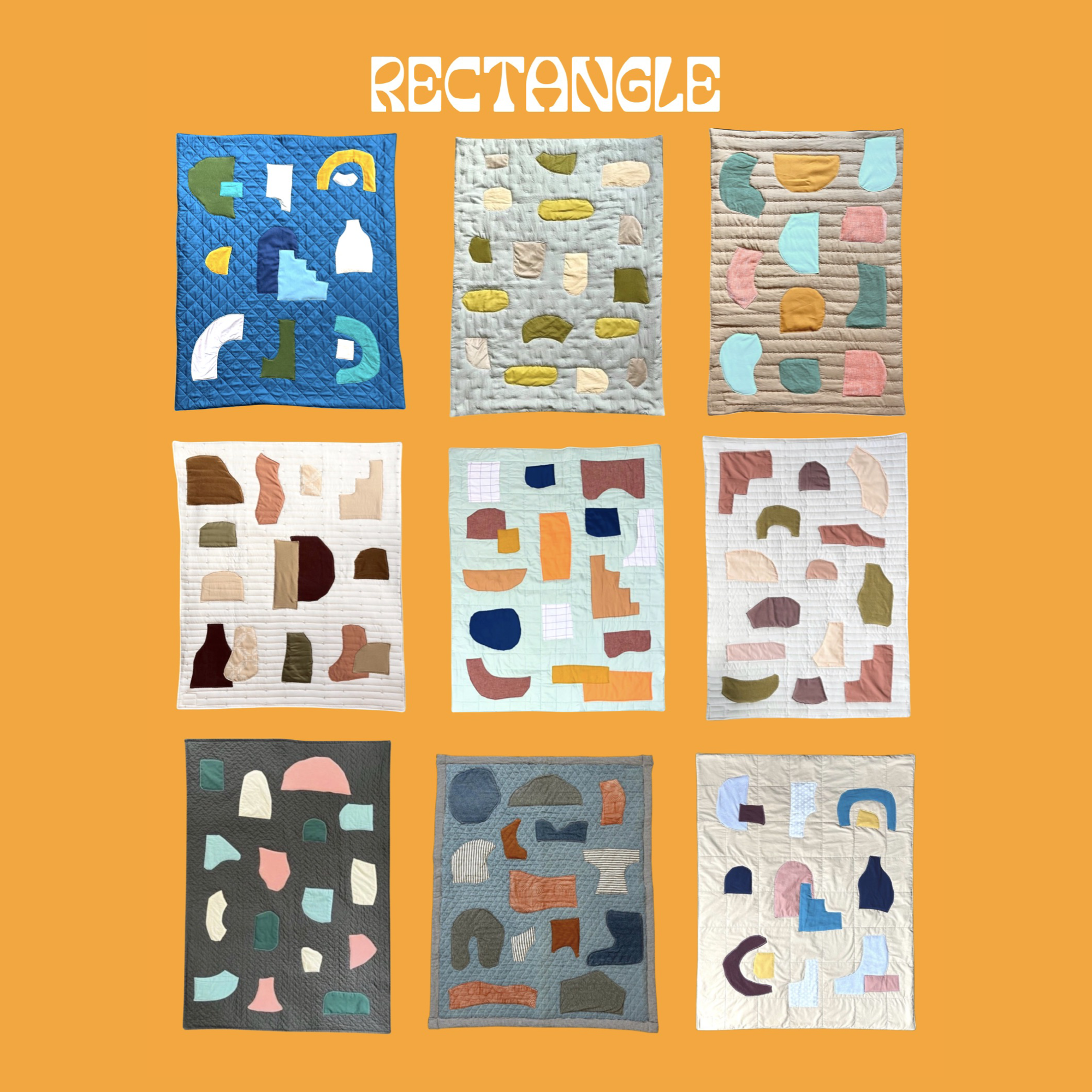 An assortment of nine different rectangle mats made from thrifted fabrics